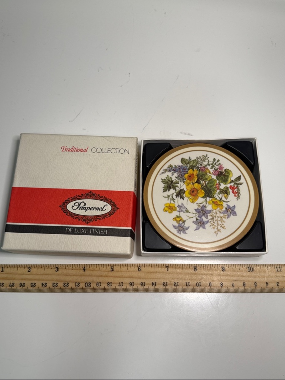 NIB 5 round Pimpernel Floral Coaster Set in Yellow, Purple & Cream England - Picture 6 of 6